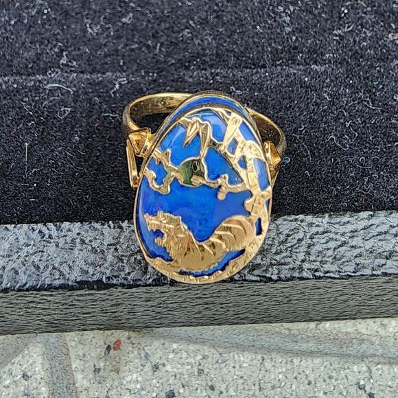 Estate 14k YG Lapis Lazuli Cabochon Pear Cut Inlaid Tiger Bamboo Ring - Picture 4 of 10